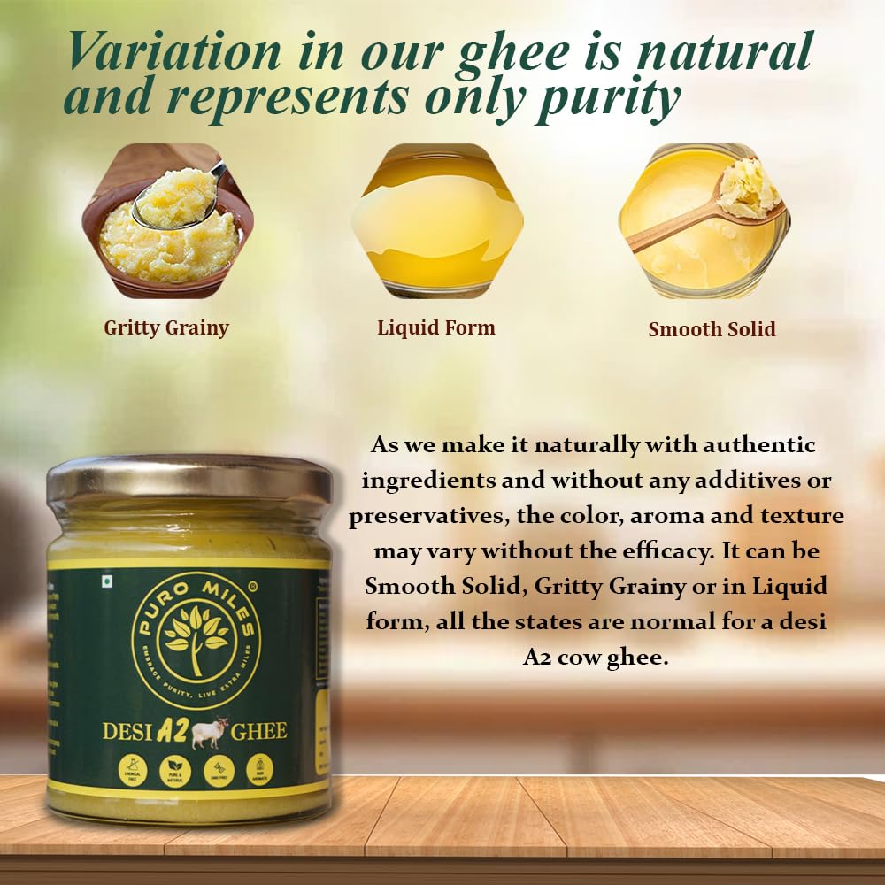 Pure Natural A2 Cow Desi Ghee By Puro Miles | Natural & Healthy Gir Cow Cultured Desi Ghee Perfect For Weight Management | (200ml) 6.7 Ounce | Jar Pack