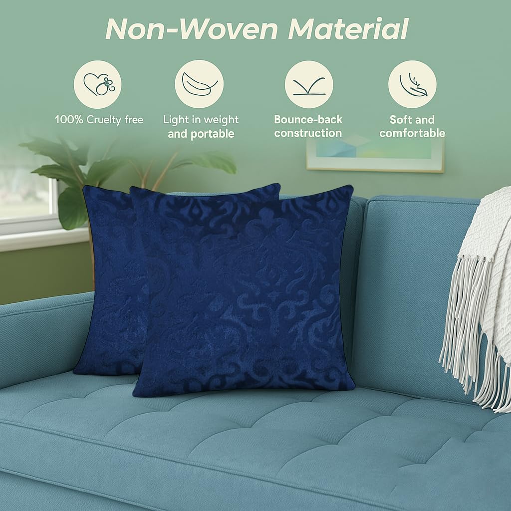 Microfiber Square Pillow Cushion For Sofa & Bed, Navy Blue - 16 X 16 Inch | Soft, Fluffy For Comfort & Back Support | Breathable, Washable | Premium Velvet Outer Cover With Zip - Set Of 3