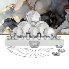 Designer Stainless Steel Shagun Laser Bloom Dinner Set Of 45 Pieces, Silver | Easy To Clean & Dishwasher Safe