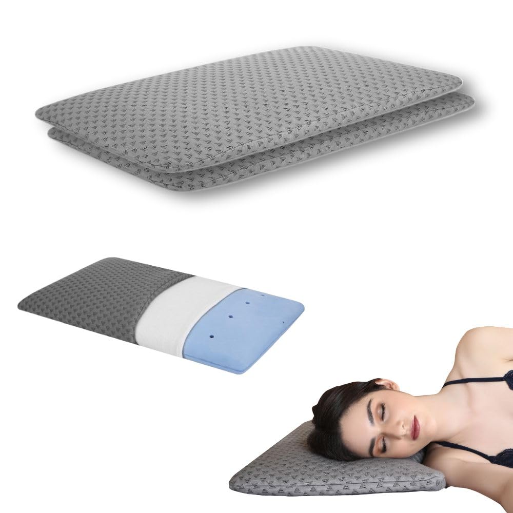 Ultra Slim Pillow, Memory Foam Pillow For Sleeping - 25.5 X 16.5 X 1 Inch | Thin Cervical Pillow For Neck Pain Relief - Thinnest Orthopedic Pillow, Suitable For All Sleepers - Pack Of 2