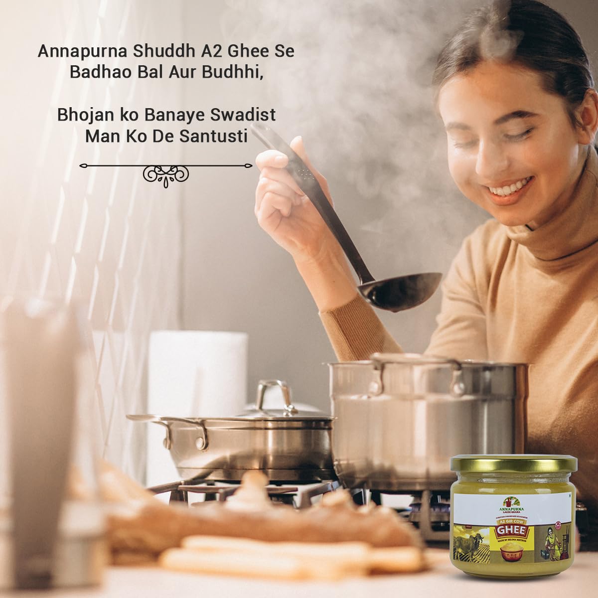 Pure A2 Desi Ghee By Annapurna Lakdi Ghana | High In Protein Fiber & Nutrients Healthy Desi Ghee Good For Taste | (300ml) 10.1 Ounce | Jar Pack