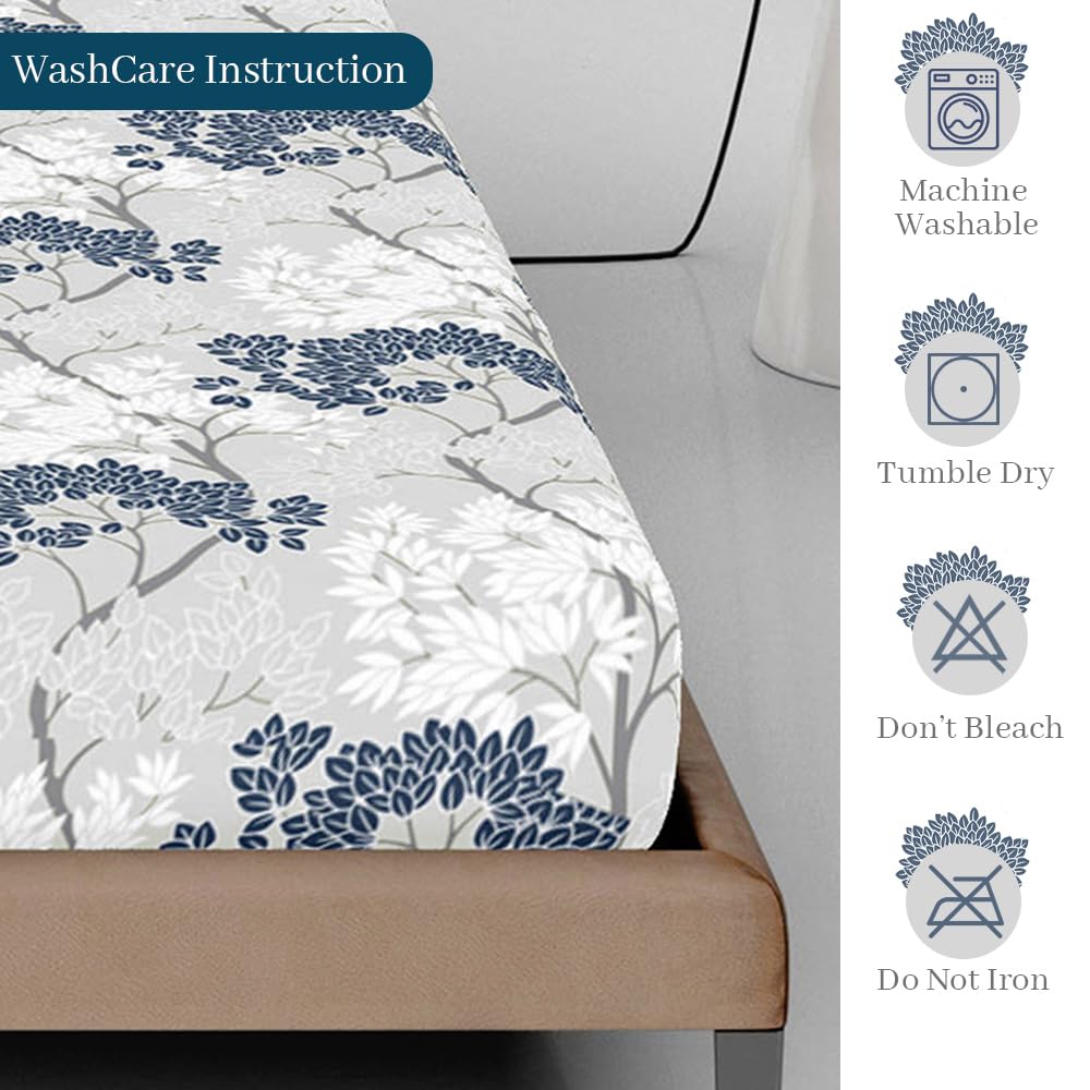 Printed King Size Double Bedsheet With 2 Pillow Cover For Bedroom | 72 X 78 Inches, Grey & Blue - All Around Elastic Fitted | Ideal For Everyday Use