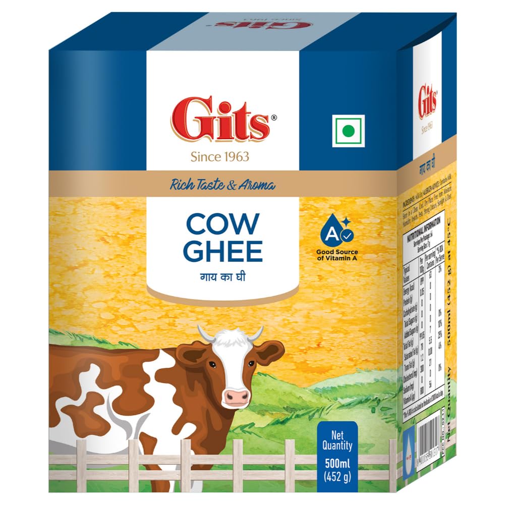 Natural Premium Desi Cow Ghee By Gits | Good Source Of Vitamin A, Delicious Healthy & Nutritious Pure Cow Ghee Perfect For Boost Immunity | (500ml) 16.9 Ounce | Tin Pack