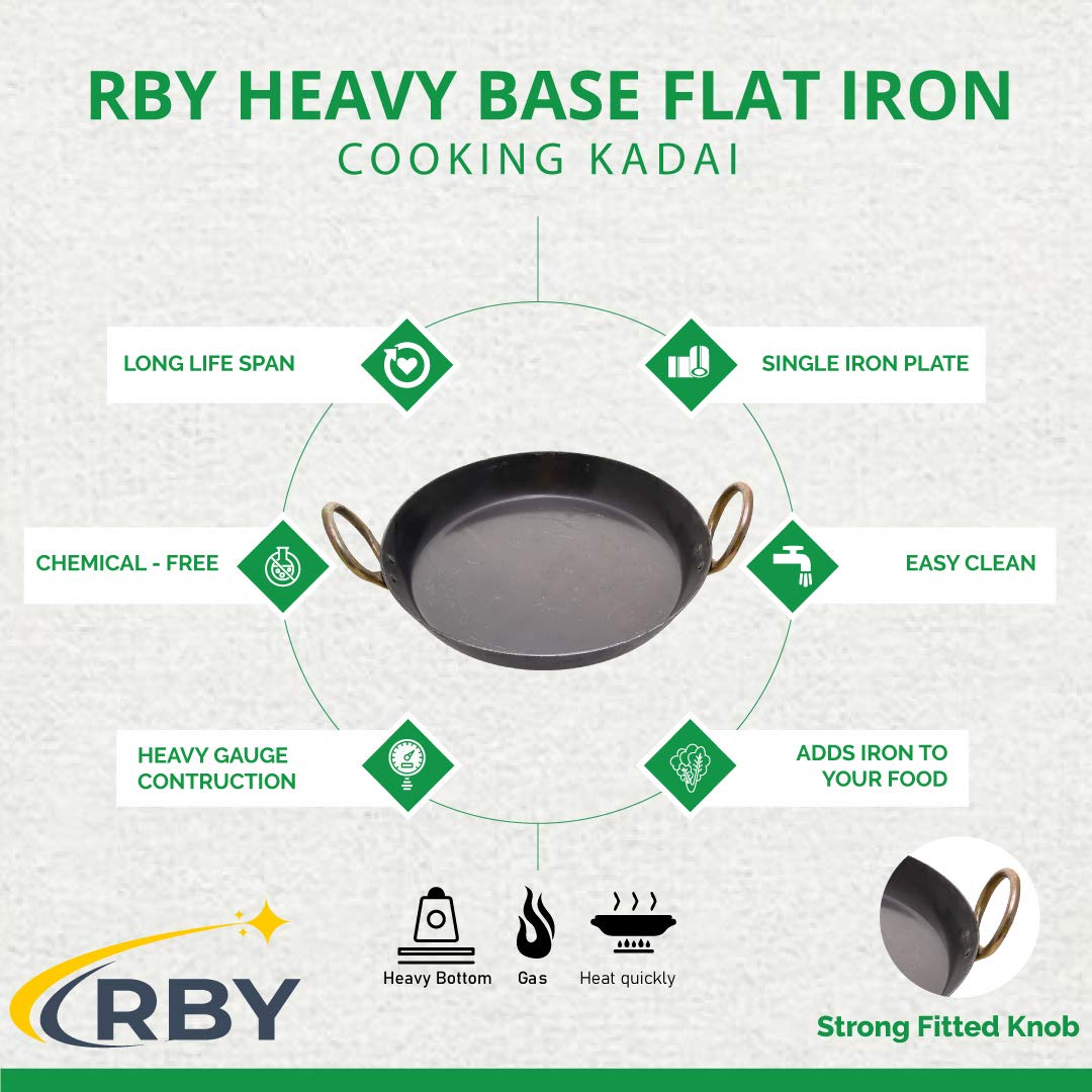 Heavy Base Black Cast Iron Flat Kadai - 9 Inches | Tavi, Fry Pan, Tai For Making Jalebi, Dal Tadka - Gas Stovetop Compatible