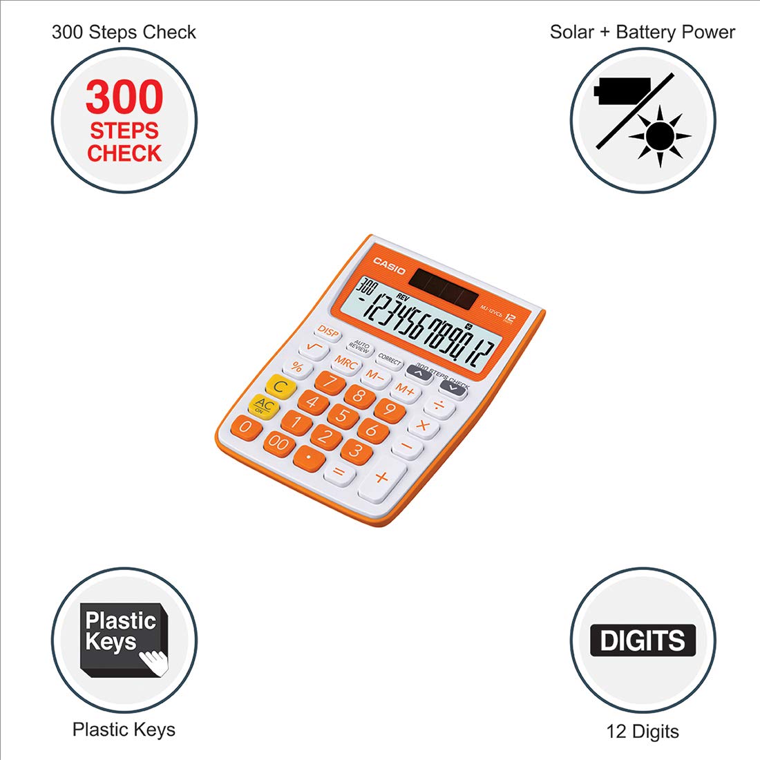 Casio Mj-12vcb-rg 300 Steps Check & Correct Colourful Desktop Calculator (Orange) | 12 Digits, 2-way Powered | Show Numbers In Million & Billion