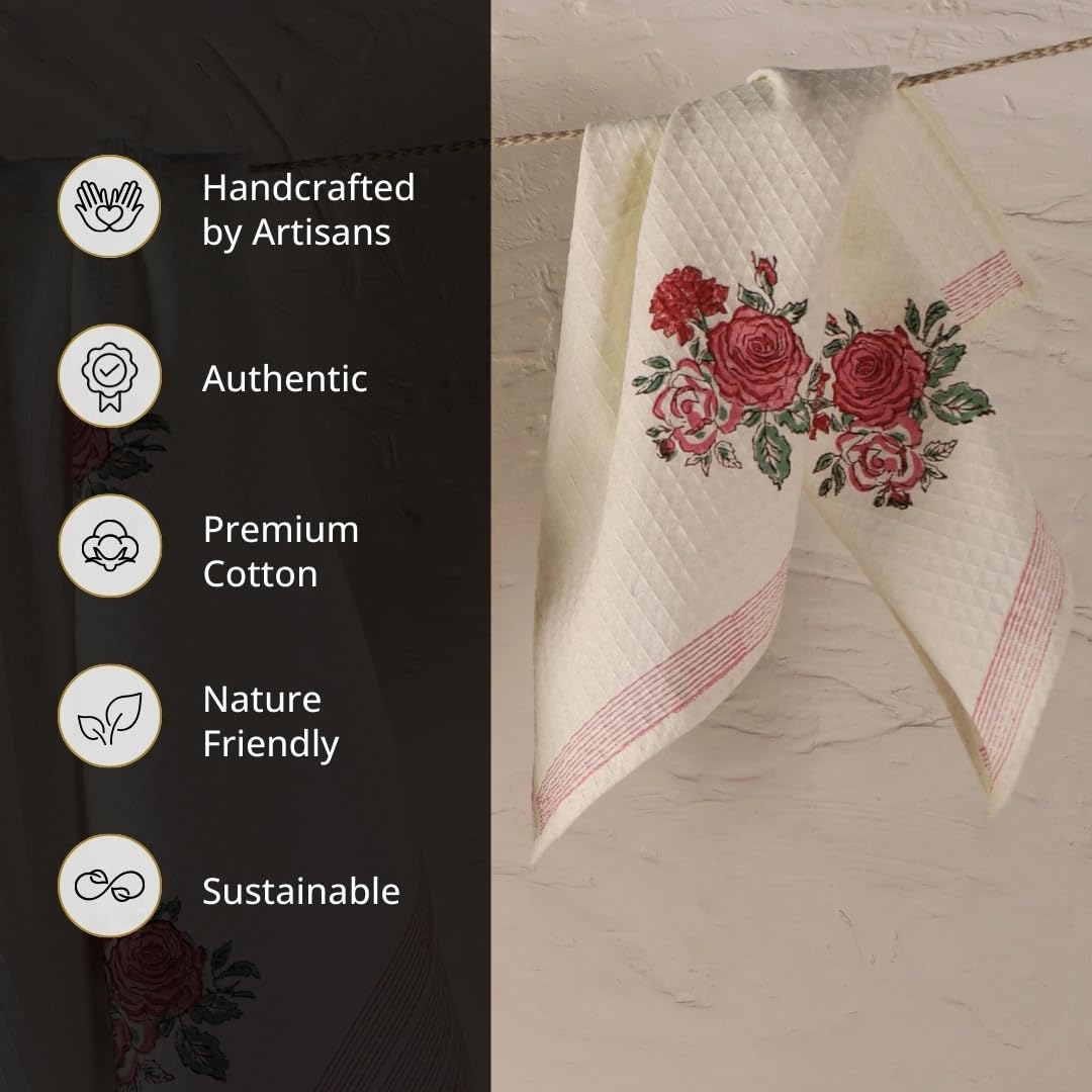 Peepul Tree 100% Pure Cotton Block Printed 2 Hand Towels 240 Gsm | Super Absorbent, Soft & Faster Drying, Floral Printed (Off-White & Pink Roses)