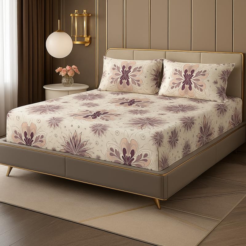 Cotton Elastic Fitted Double Bedsheets King Size With 2 Pillow Covers - 72x78+10 Inches, Off White | Luxurious Softness & Breathable Comfort Crafted Bedsheet