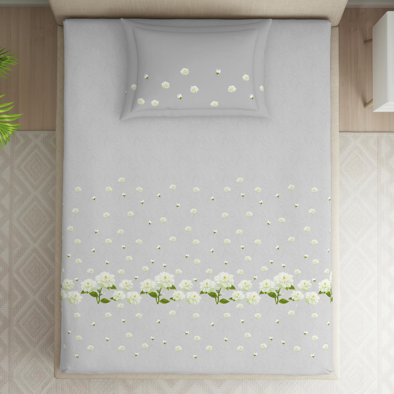 Single Bedsheet With 2 Pillow Covers (Size 60 X 88 Inches) Light Grey | 144 Thread Count Lightweight, Soft, Skin Friendly - Everyday Use Cotton Bedsheet