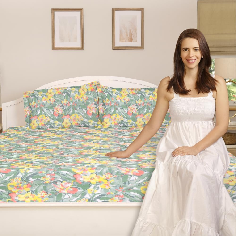 Flat Bedsheet Queen Size Bed With 2 Pillow Covers - 100 X 90 Inches, Green & Yellow | Soft, Breathable & Durable | Skin-Friendly & Durable