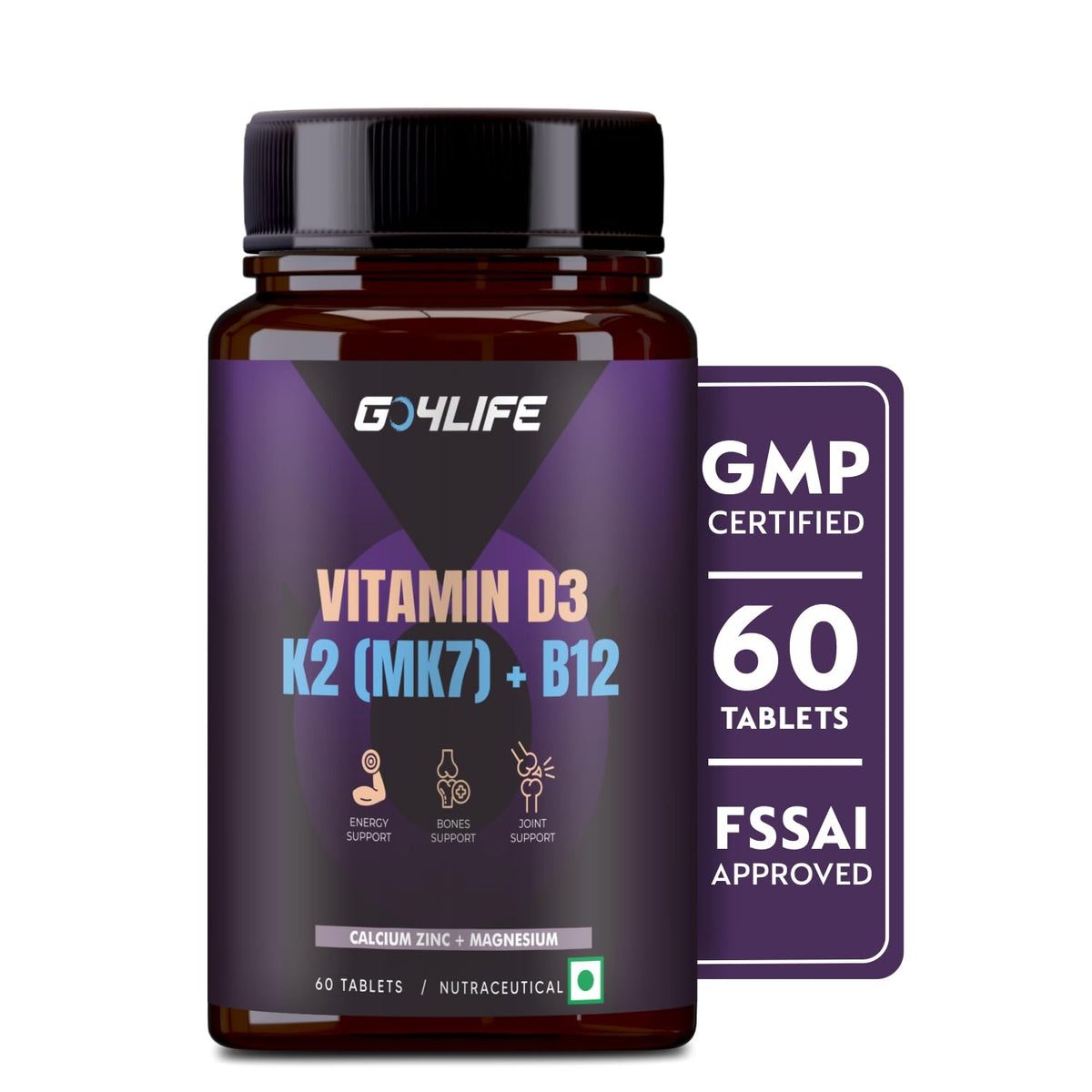 Go4life Plant Based Vitamin D3 K2 Mk7 + B12 For Joints Bones Support | 60 Tablets , 100gm 0.2lbs