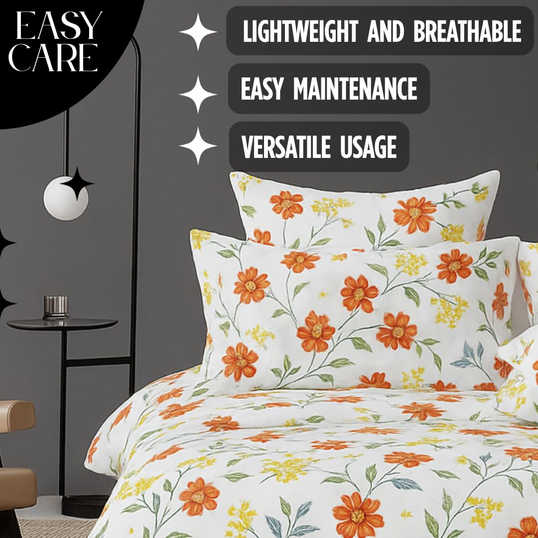 Microfiber Double Bedsheet King Size With 2 Large Size Pillow Covers | Size 108x108+9 Inches, White & Orange | Perfect For Daily Use, All-Season Use Or Gifting Bedsheet