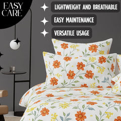 Microfiber Double Bedsheet King Size With 2 Large Size Pillow Covers | Size 108x108+9 Inches, White & Orange | Perfect For Daily Use, All-Season Use Or Gifting Bedsheet