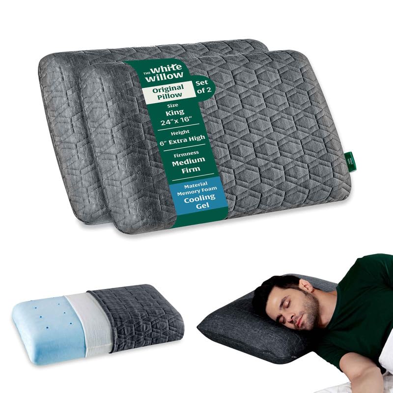 Memory Foam Pillow, Orthopedic Thick Pillow, Cervical Pillow, Grey - Standard Size - 6 Inch | Cool Gel Pillow For Neck & Shoulder Pain, Pillow For Back & Side Sleepers, Bed Pillow - Set Of 2