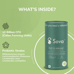 Sova Pop To Debloat Powder For Healthy Digestion With 10 Billion Cfus, Prevent Gassiness, Bloating & Discomfort, Pre & Probiotics Digestive Enzymes | 15 Vegan Sachets, 150gm 0.3lbs