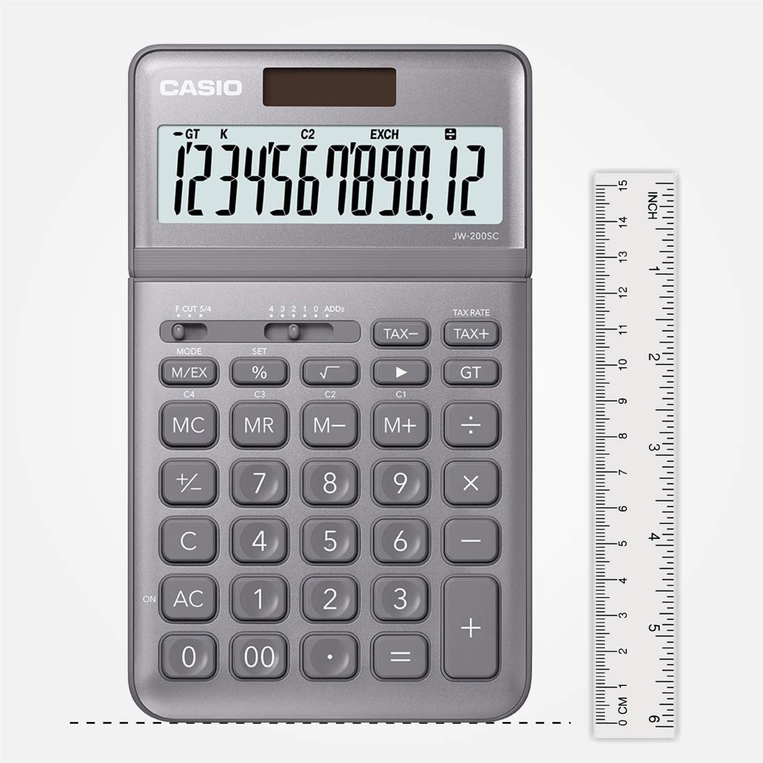 Casio Jw-200sc-gy Premium & Stylish Calculator (Grey) | 12 Digits, 2-way Powered - Tax Calculation, Currency Exchange Calculation, Percentage