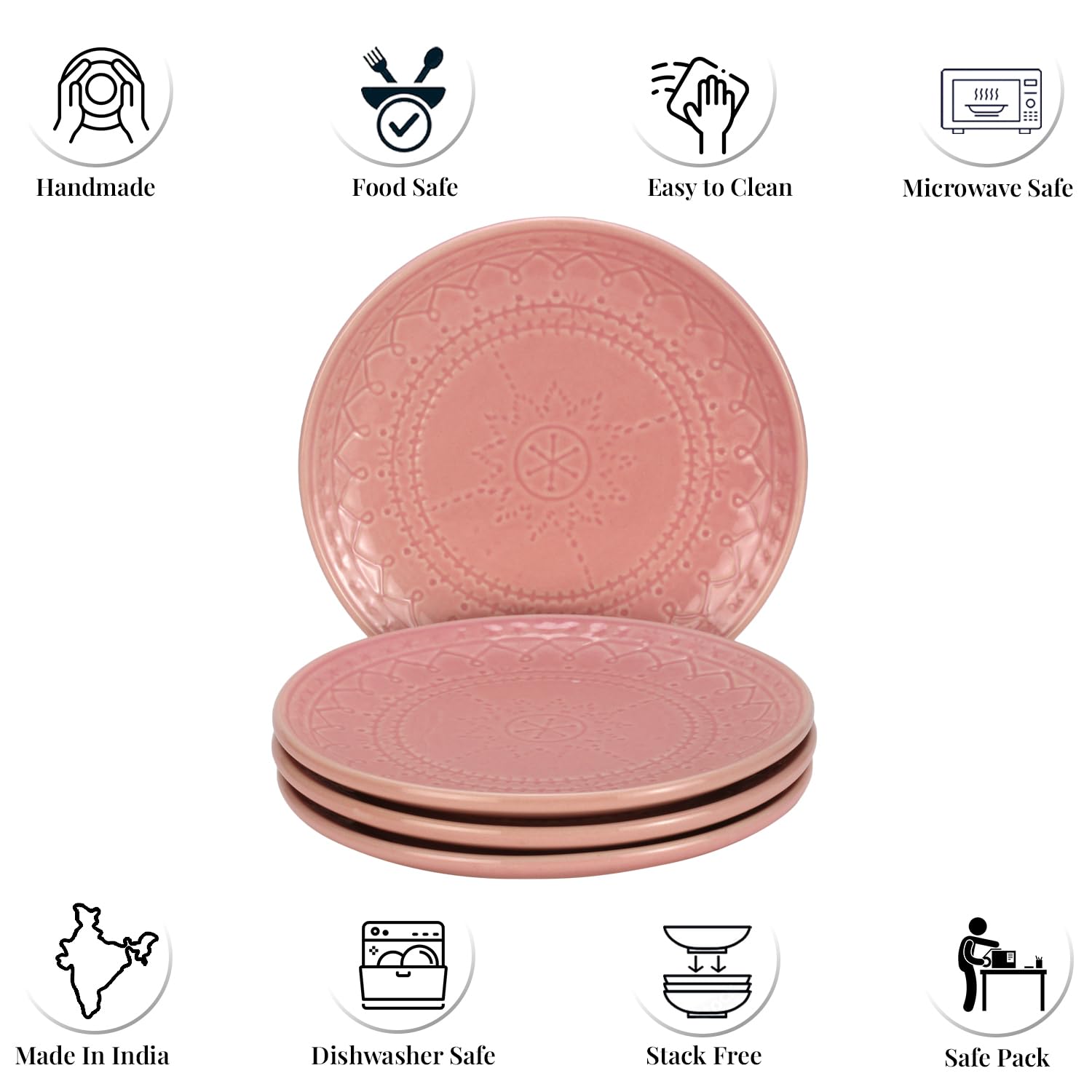 Ceramic Hand Glazed Stoneware Embossed Small Plates Set Of 4 - 7.4 Inch, Light Pink | Microwave Safe & Dishwasher Safe – Handcrafted Quarter Plates Set