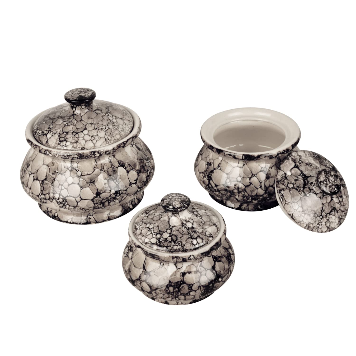 Hand Painted Ceramic Handi Set With Lid, Set Of 3 - Grey Luster | Dinner Serving Bowls | Biryani Handi, Serving Pots Bowls - Biryani Handi, Serving Pots