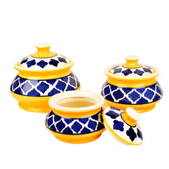 Hand Painted Ceramic Handi Set With Lid Set Of 3 - 1900ml, 1200ml & 650ml, Blue & Yellow | Dinner Serving Bowls - Biryani Handis, Serving Pots