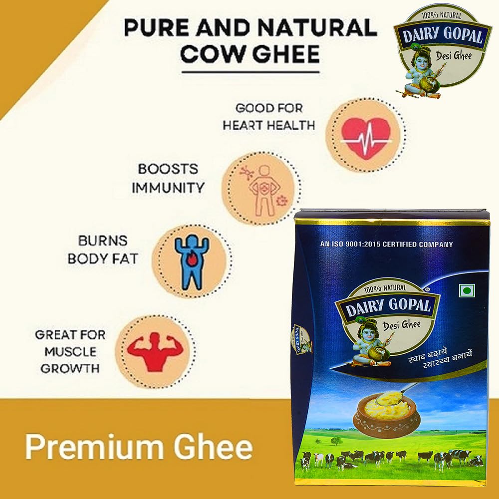 100% Pure Cow Desi Ghee By Dairy Gopal | Good Source Of Vitamins A, D, E & K Healthy Desi Ghee Perfect For Boondi Laddus | 5 Litre (1 Litre * 5) 169.0 Ounce | Box Pack