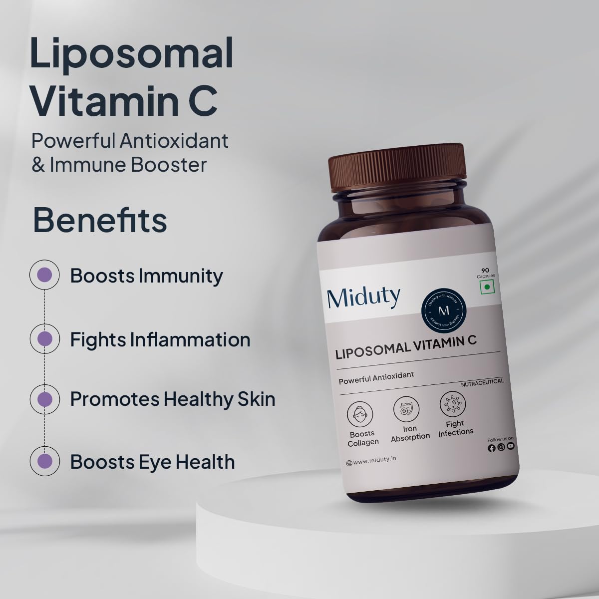 Miduty Liposomal Vitamin C Supplement Bioavailability, Antioxidant Vitamin, Skin Rejuvenation & Immunity Booster Body Detoxification Zeal Technology | 90 Capsules , 150gm 0.3lbs