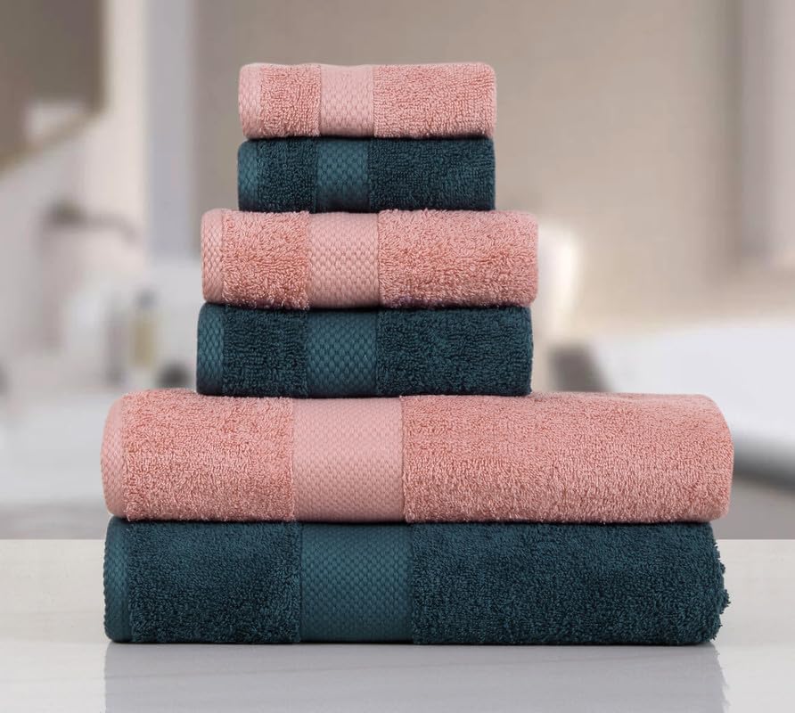 Fash Home International Micro Twist Towel 1800 Gsm Combo - 2 Bath + 2 Hand + 2 Face Towel (Peacock Blue & Pastel Peach) - 6 Pcs