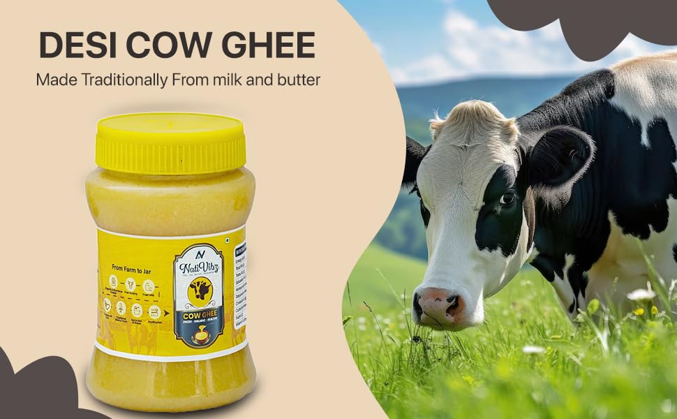 Pure Natural Desi Cow Ghee By NatiVibz | Rich In Flavor & Healthy Ayurveda Desi Cow Ghee Good For Laddus & Churma | (500ml) 16.9 Ounce | Jar Pack
