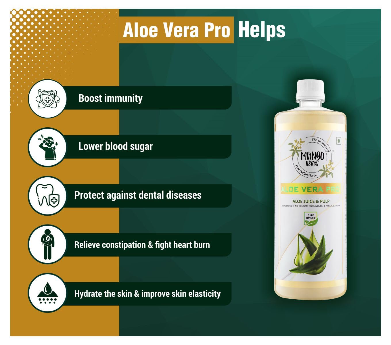 Mangoherbs Aloe Vera Pro: 100% Raw & Cold - Pressed Liquid Digestion, Glowing Skin, And Healthy Blood Glucose Helps In Detoxification, Improve Skin & Hair Health 1000ml 2.2lbs