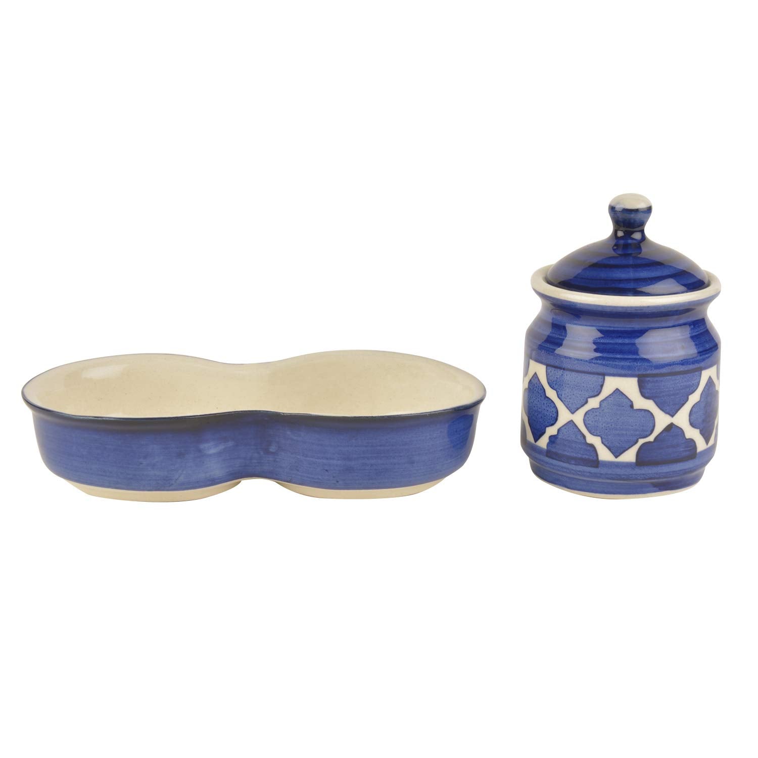 Ceramic Pickle Serving Jar Set With Tray Set Of 2 - 200ml Each, Blue & White | Condiment Set - Pickle Jar Set For Dining Table | Masala Container