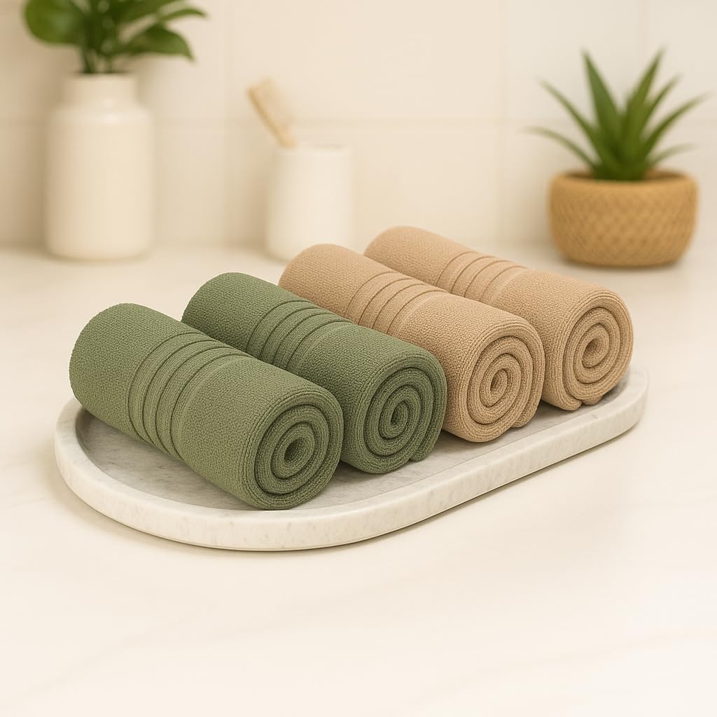 Akiko Home 100% Cotton Essential Series Face Towel 600 Gsm | Soft Absorbent & Durable Washcloth For Men & Women, Compact Travel Towel -Pack Of 4 (Green & Beige)