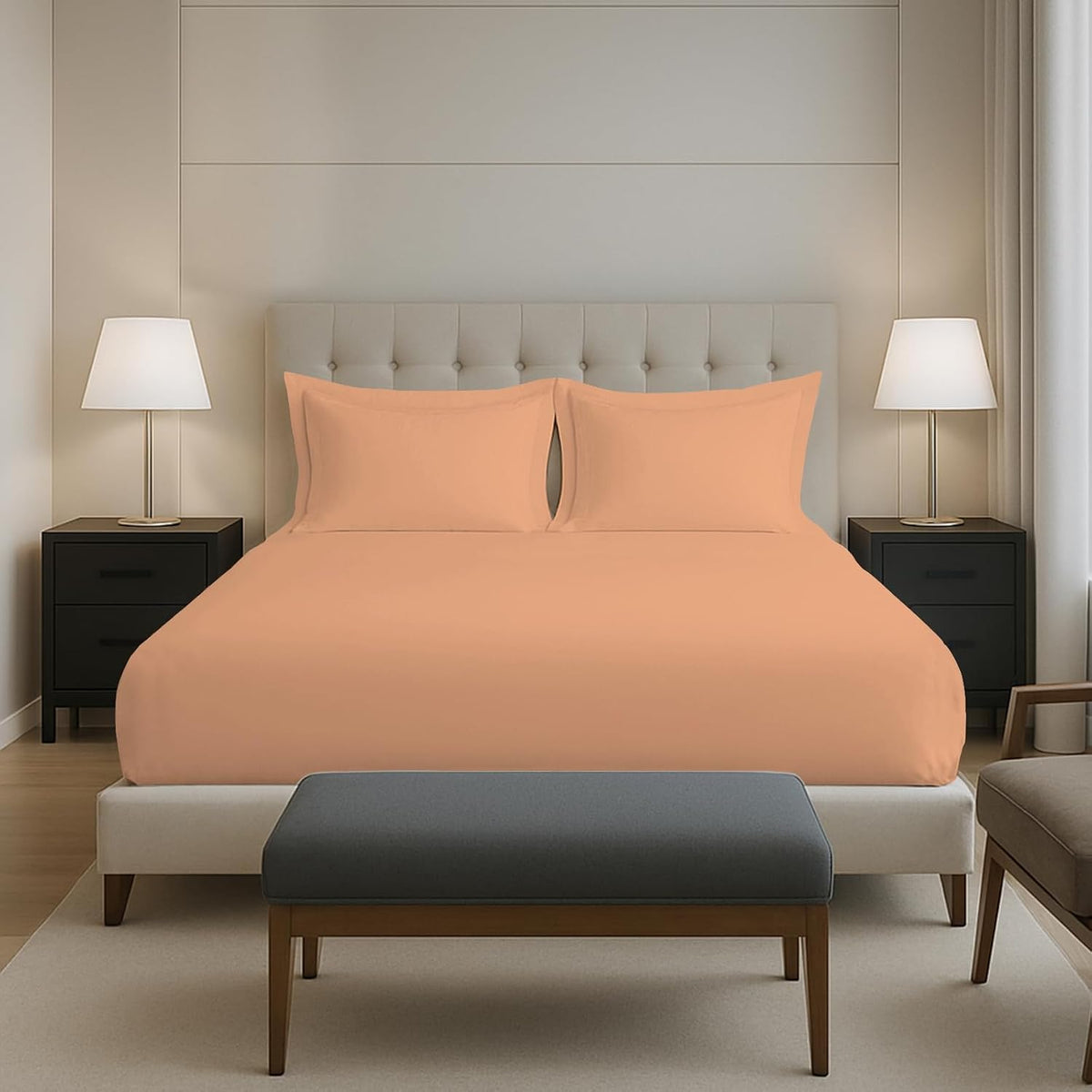 Cotton Elastic Fitted Bedsheets King Size Two Pillow Cover - 74 X 78 Inches, Peach | Breathable & Smooth Bedding Wrinkles | Elegant Hotel Like Look
