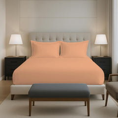 Cotton Elastic Fitted Bedsheets King Size Two Pillow Cover - 74 X 78 Inches, Peach | Breathable & Smooth Bedding Wrinkles | Elegant Hotel Like Look