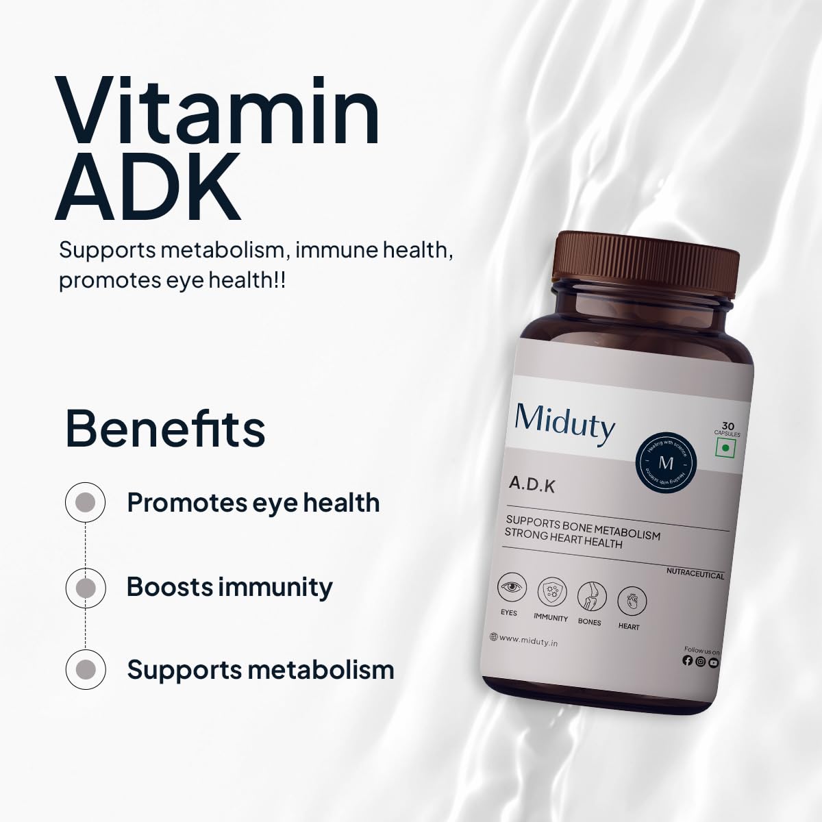 Miduty Vitamin Adk Multivitamin Contains Vitamin A - D3 - K2 Immunity Booster, Bone Strength, Healthy Heart , Supplement For Men & Women | 30 Capsules, 50gm 0.1lbs