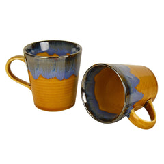 Studio Pottery Flow Design Ceramic Coffee Mugs Set Of 2 - 300ml Each, Golden | Milk Mugs - Chai Cups - Tea Cups & Mugs