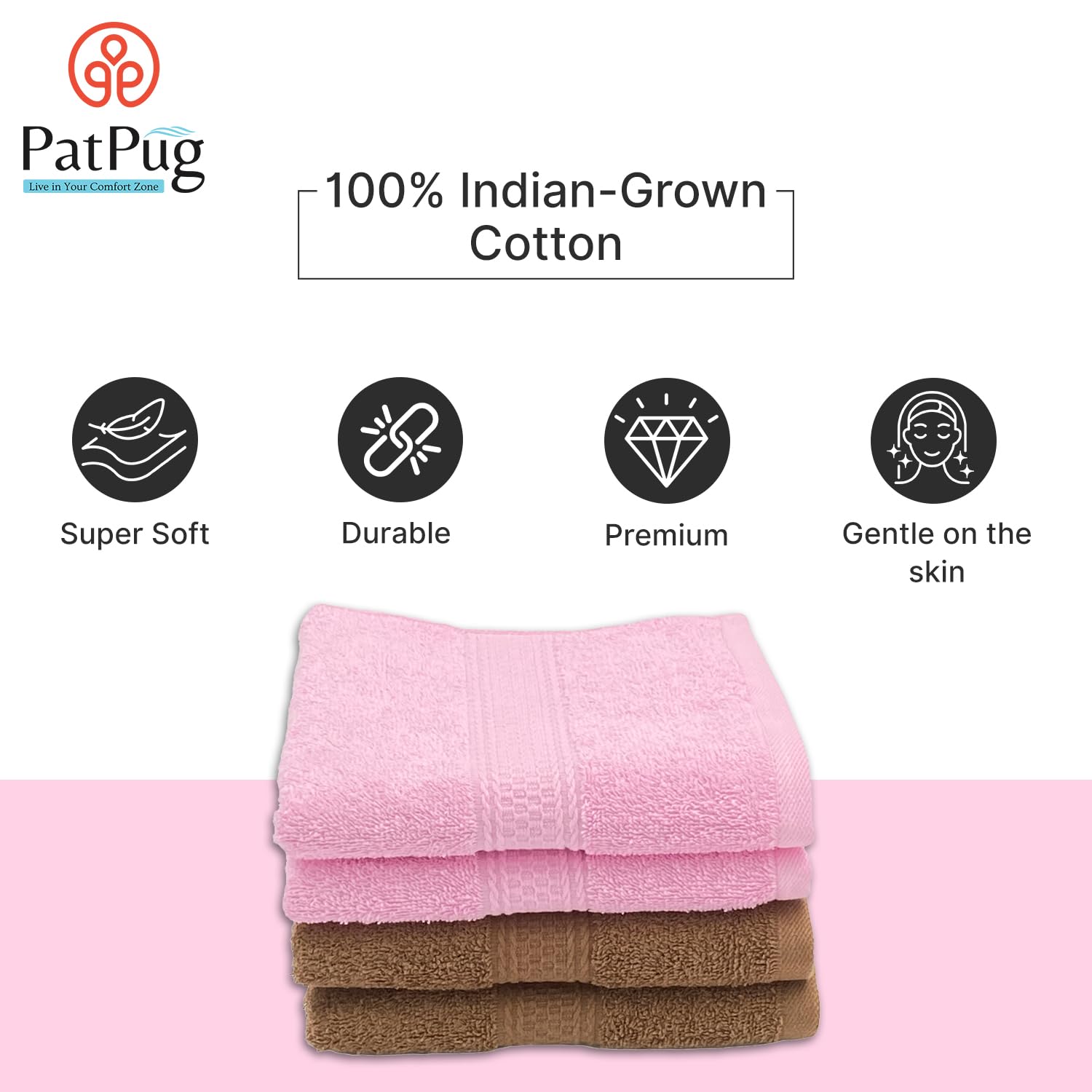 Patpug 100% Indian Ultra Soft Cotton Hand Towel 800 Gsm | For Gym, Workout, Yoga, Wash Basin (Coffee Brown & Baby Pink) - 4 Piece