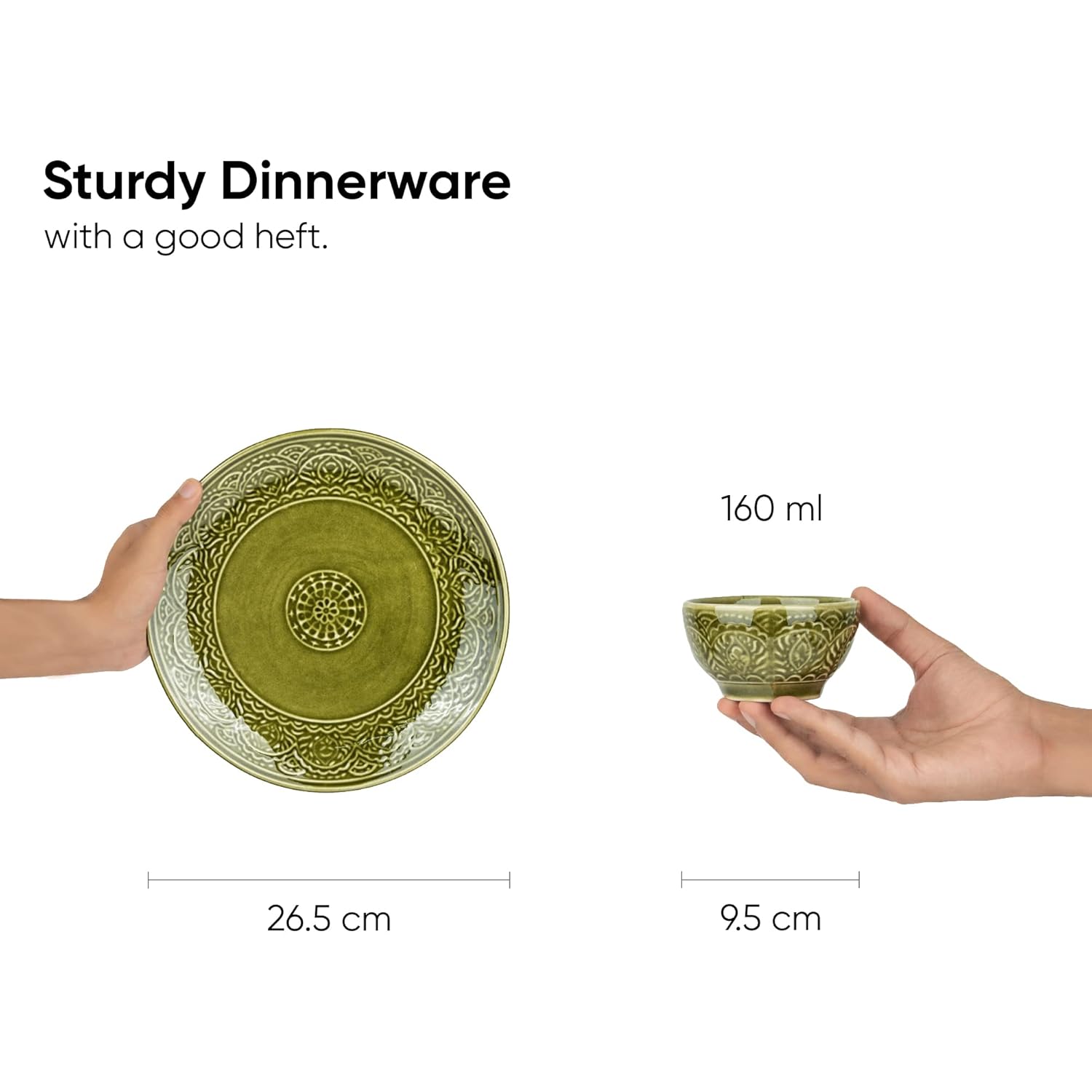 Ceramic Carving Dinner Set Of 21 Pcs, Mehndi Green | Crockery Set - Dining Sets | 6 Dinner Plates+ 6 Dinner Plates+ 6 Veg Bowls, 160ml Each+ 2 Medium Bowls, 630ml Each+ 1 Large Bowl, 1200ml