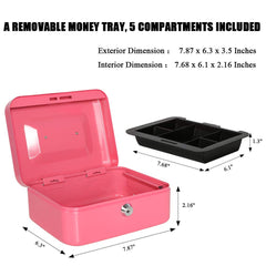 Small Cash Box With Key Lock - Durable Metal Cash Box With Money Tray, Colour - Pink, Lock Type - Key
