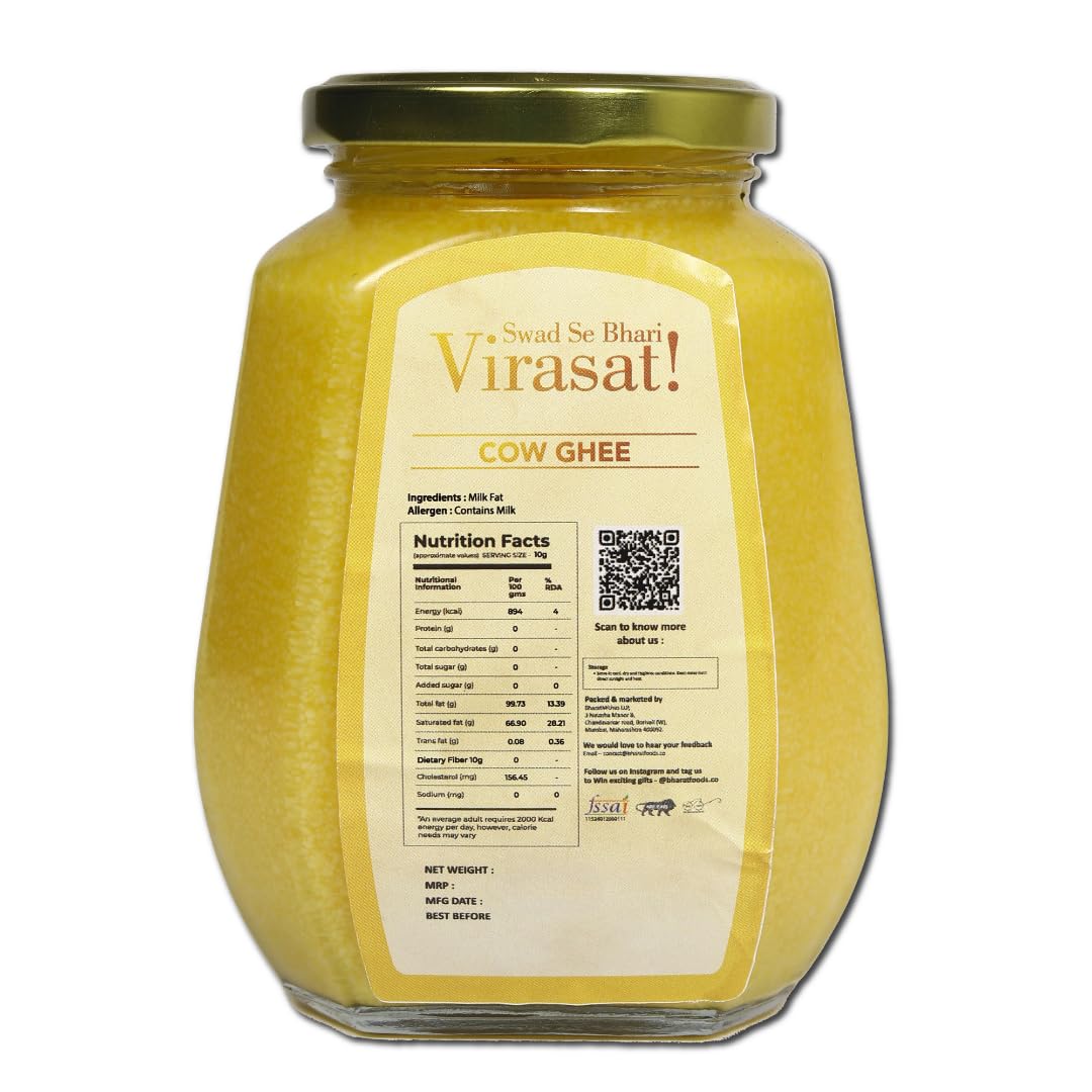 Pure Cow Desi Ghee By Bharat Foods | Good Source Of Vitamin A & Healthy Desi Ghee Perfect For Snacking | (500ml) 16.9 Ounce | Jar Pack