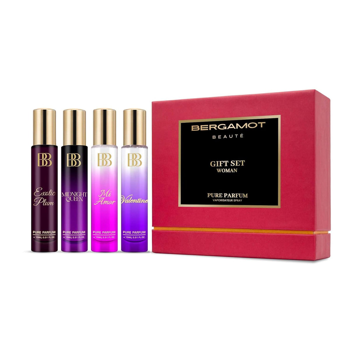 Bergamot Beaute Pure Perfume Gift Set For Women Pack Of 4x 0.5 Fl.oz. | Valentine + Exotic Plum + Mi Amor + Midnight Queen | 2x Long Lasting Than EDP