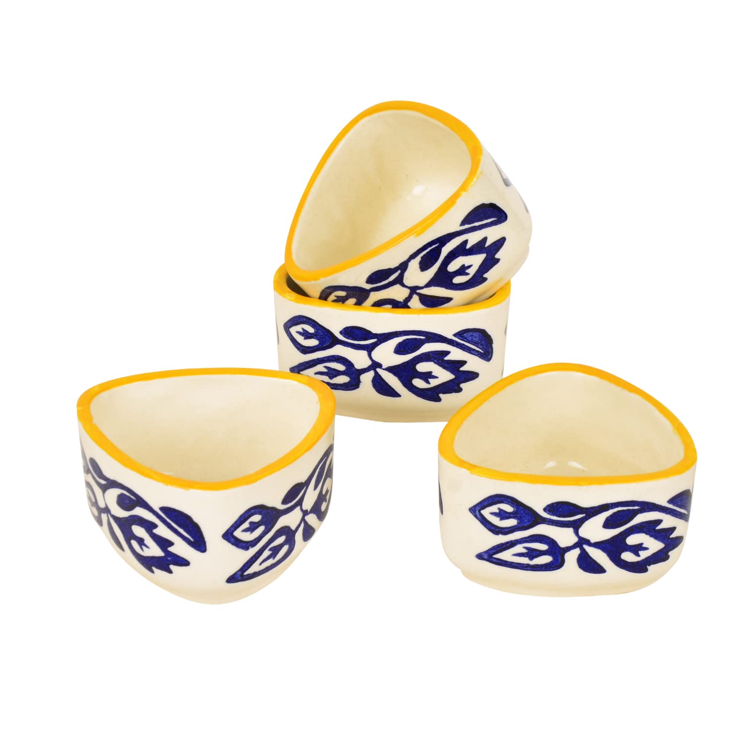 Hand Painted Ceramic Triangular Floral Dip Bowls Set Of 4 - Blue & Yellow, 50ml Each | Chutney Bowls - Ketchup Bowls