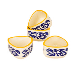 Hand Painted Ceramic Triangular Floral Dip Bowls Set Of 4 - Blue & Yellow, 50ml Each | Chutney Bowls - Ketchup Bowls