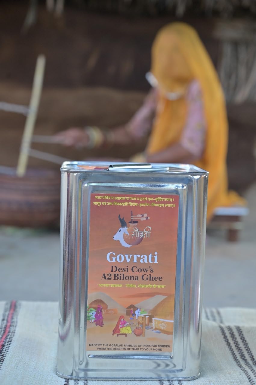 Pure Desi Cow'S A2 Bilona Ghee By Govrati | Vedic Bilona Method Grassfed Cultured Desi Danedar Cow Ghee For Cooking & Frying | (5 Litr) 169.0 Ounce | Tin Pack