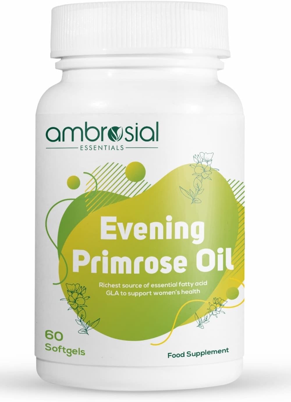 Ambrosial Evening Primrose Oil Epo 1000mg Rich Source Of Omega 6 & Gla | Non - Gmo, Gluten Free No Artificial Preservatives | 60 Softgels 100gm 0.2lbs