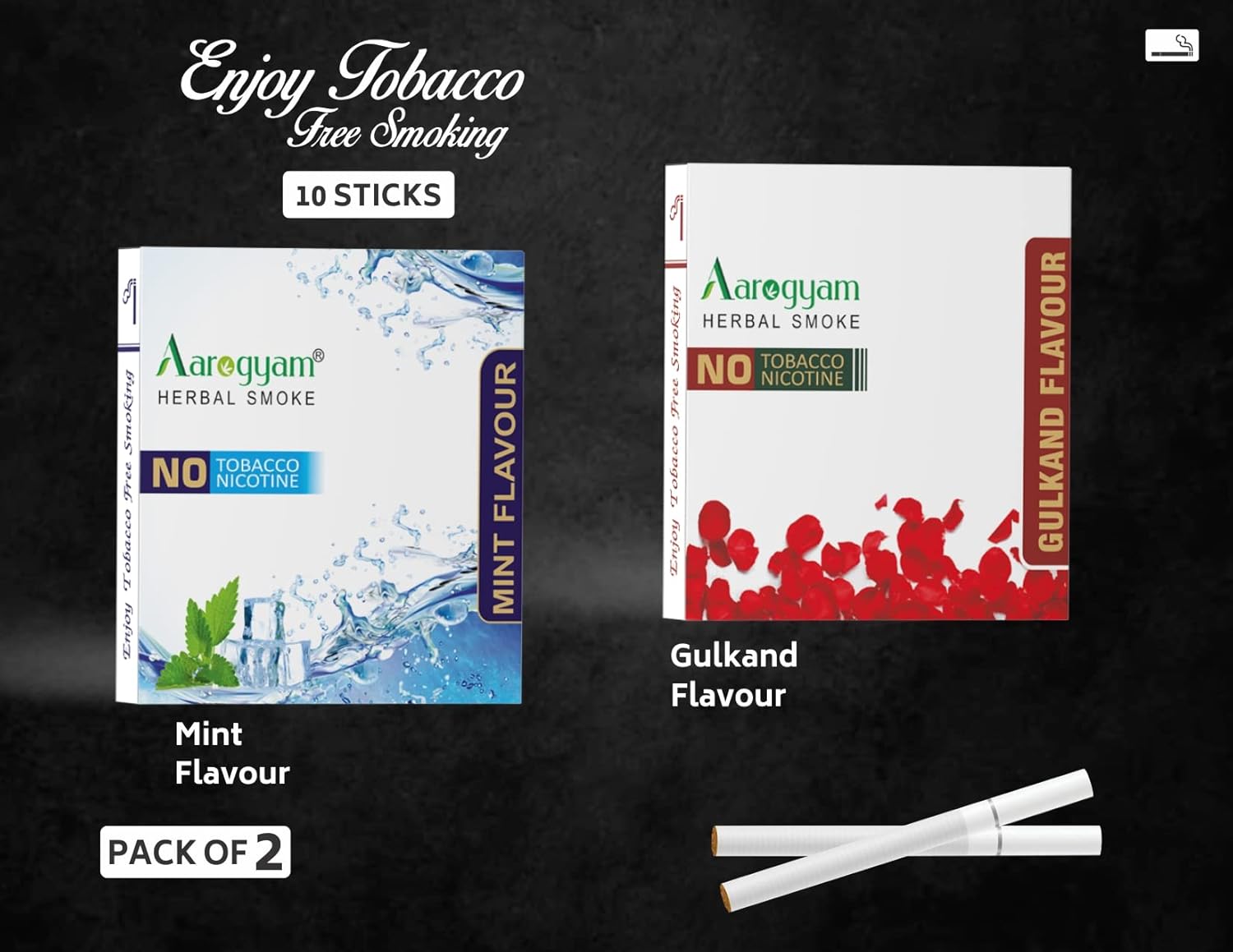 Aarogyam Herbals Pack Of 2 Flavours 100% Tobacco & Nicotine Free Cigarette For Relieve Stress & Mood Enhance Product Mint,  Gulkand - 10 Sticks X 2 Packets