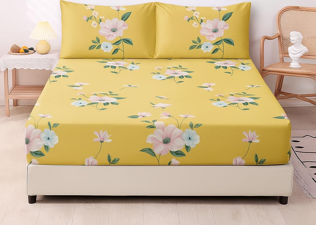 1 Bedsheet For Double Bed With 2 Pillow Covers - 90 X 100 Inches, Yellow | Premium Cotton Material Double Bedsheet Queen Size | Skin Friendly & Long Lasting