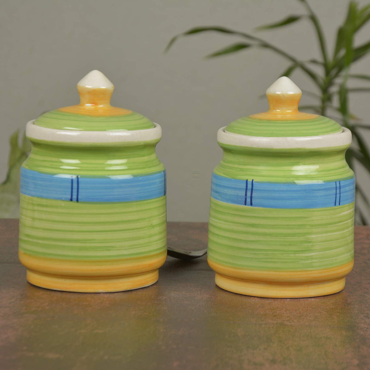 Hand Painted Ceramic Jar (Burni) Set With Lid Set Of 2 - 500ml Each, Green & Blue | Dahi Handi - Serving Pot - Biryani Handi