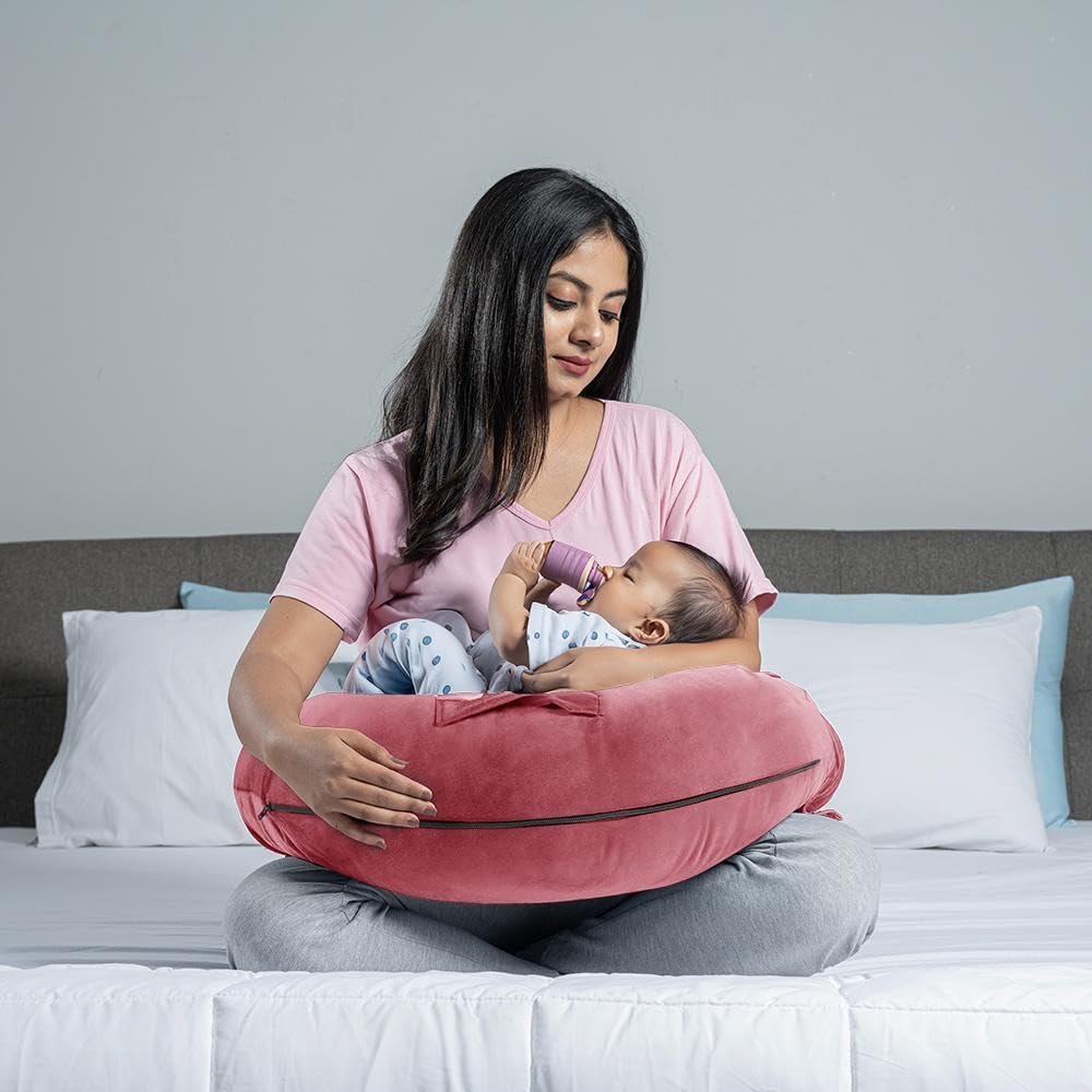 Feeding Pillow For New Born Baby, 5 In 1 Multipurpose Use, Nursing Pillow - Pink | Pillow With Belt And Hoop For Breastfeeding With Velvet Removable Cover | For Reading, Resting Pillow