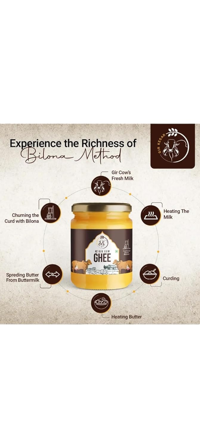 Pure Natural A2 Pure Cow Ghee By Girkesar | Traditionally Made Using Bilona Method Cow Ghee Perfect For Bones Health | (500ml) 16.9 Ounce | Jar Pack