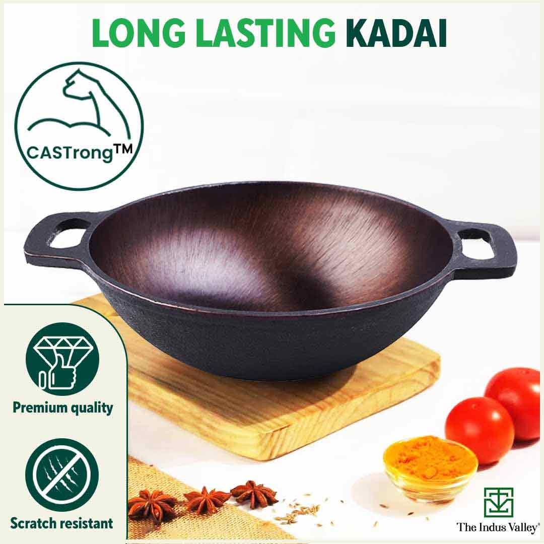 Super Smooth Cast Iron Cookware Set + Free Tadka Pan - Tawa 25.4cm + Kadai 25cm, 2.5 Liters | Kitchen Cooking Combo Pots & Pans Set Of 2 Pcs - Pre-Seasoned, Naturally Nonstick, Black