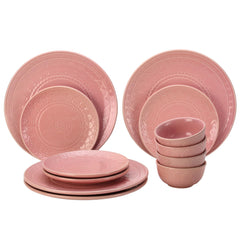 Handcrafted Stoneware Embossed Ceramic Dinner Set Of 12 Pcs - Light Pink | 4 Dinner Plates+ 4 Small Plates+ 4 Small Dinner Bowls, 180ml Each | Microwave & Dishwasher Safe - Serving For 4