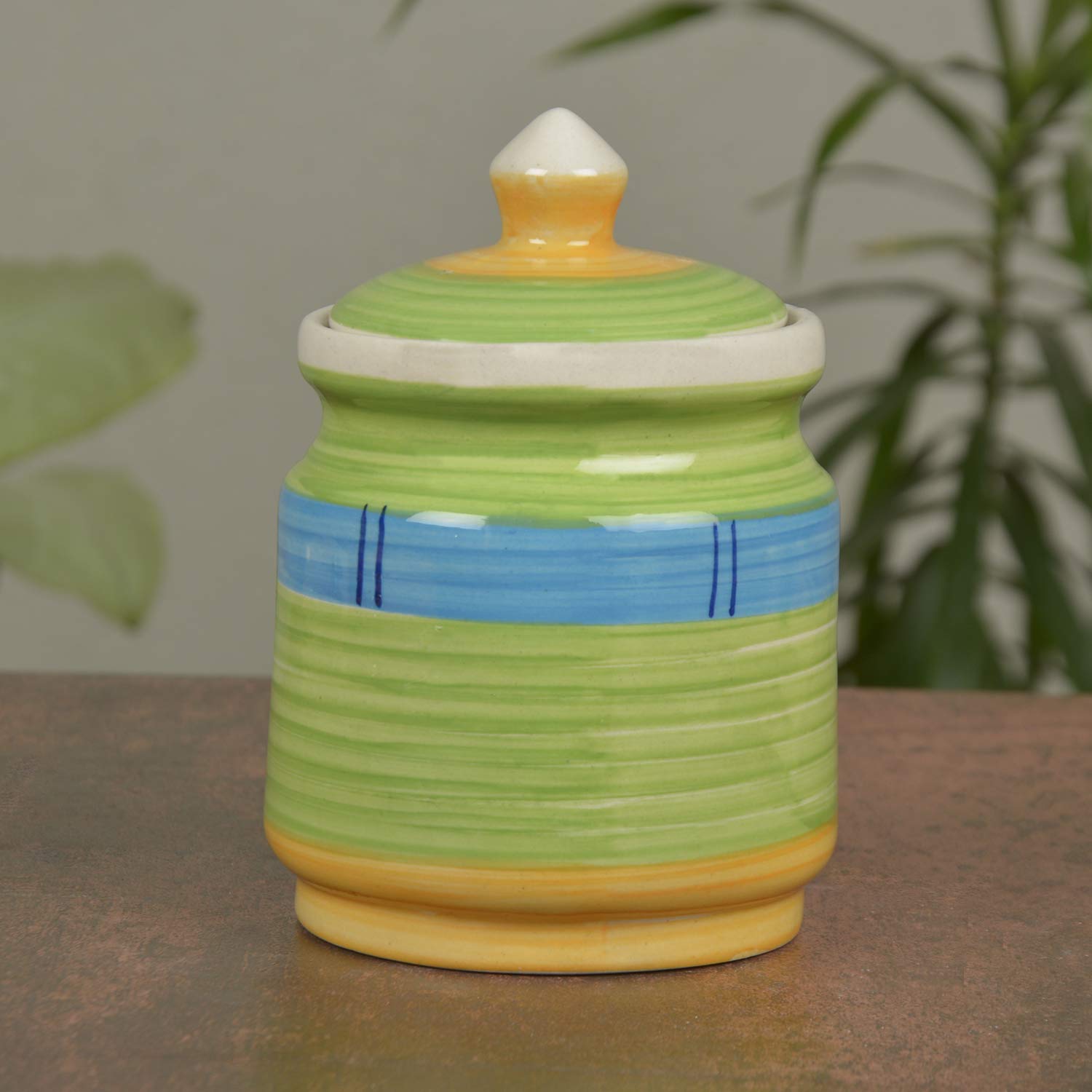 Hand Painted Ceramic Jar (Burni) Set With Lid Set Of 2 - 500ml Each, Green & Blue | Dahi Handi - Serving Pot - Biryani Handi